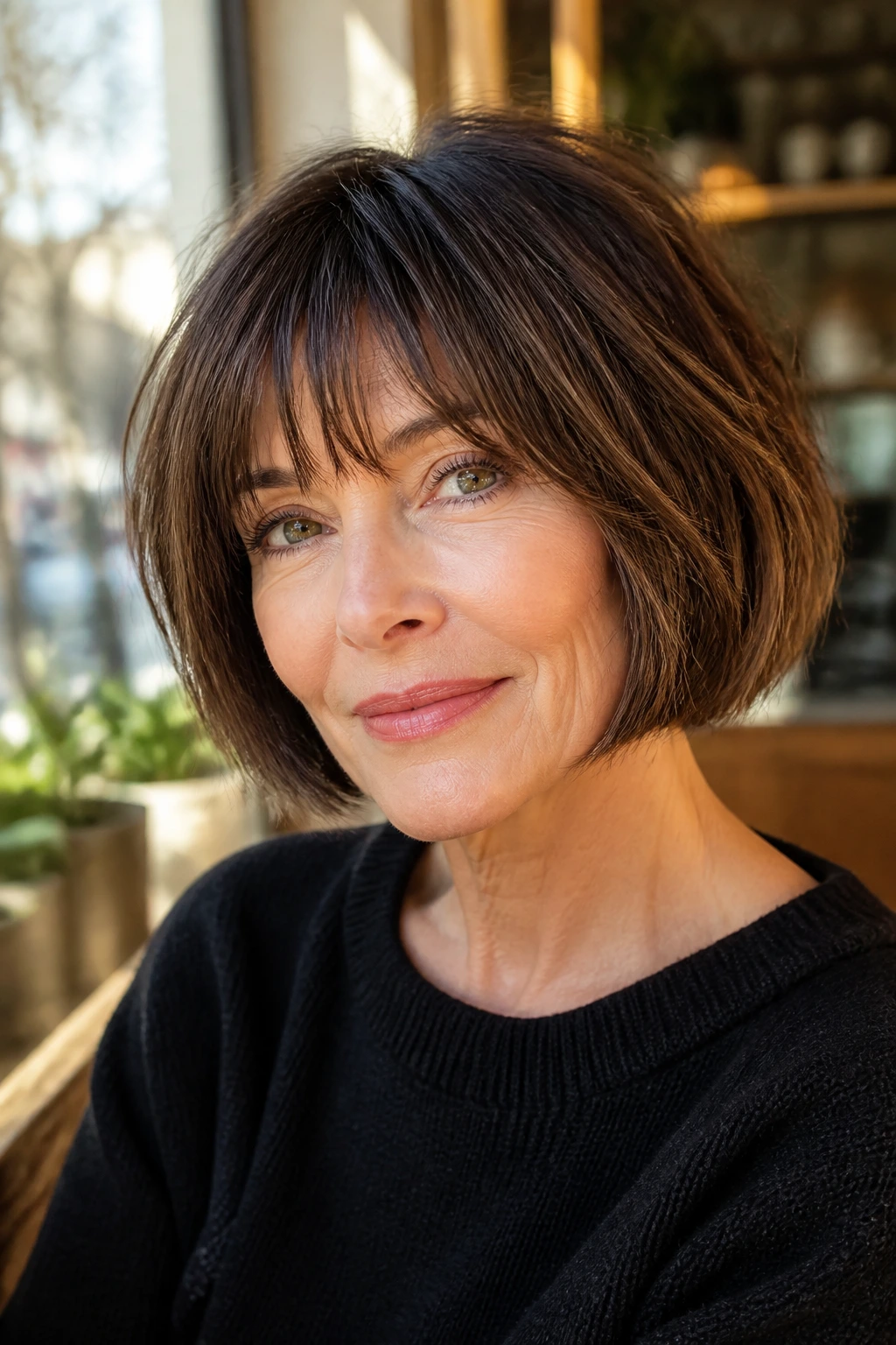 Close-up of a real woman with a French bob and wispy fringe in a sunlit window seat