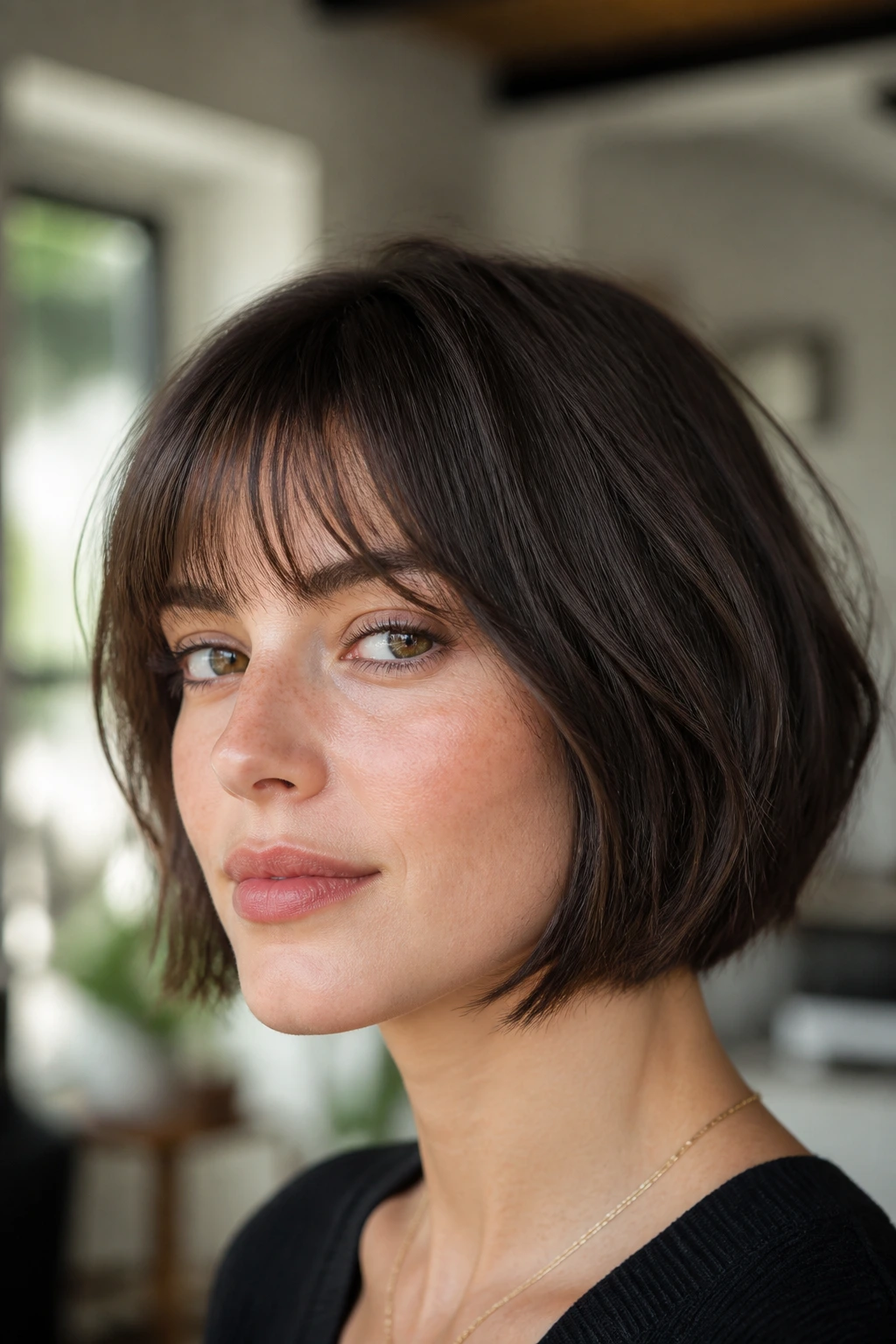 Close-up of a real person with a French bob and airy fringe in a bright interior