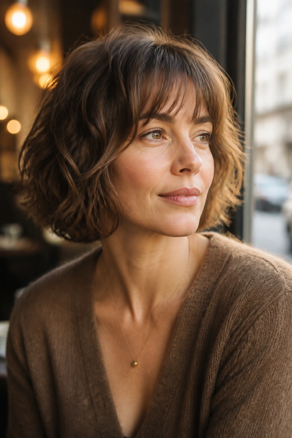 Woman with jaw-length wavy bob and airy fringe at a cafe window.