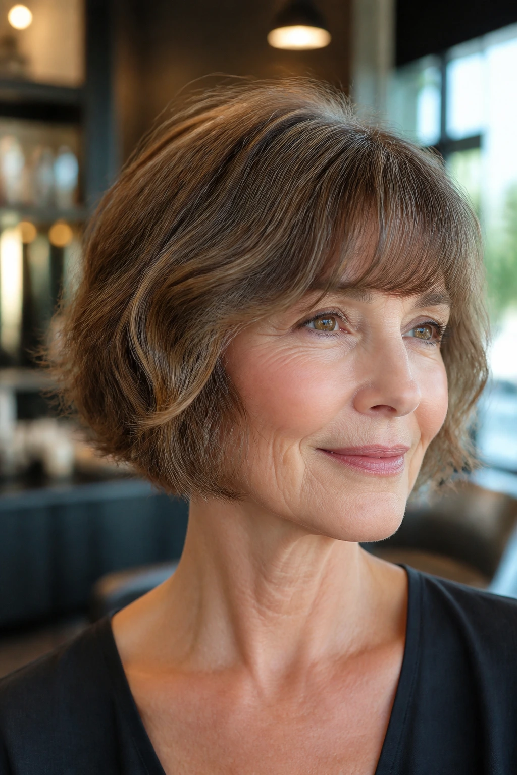 Close-up of older woman with French bob and feathered fringe in salon lighting