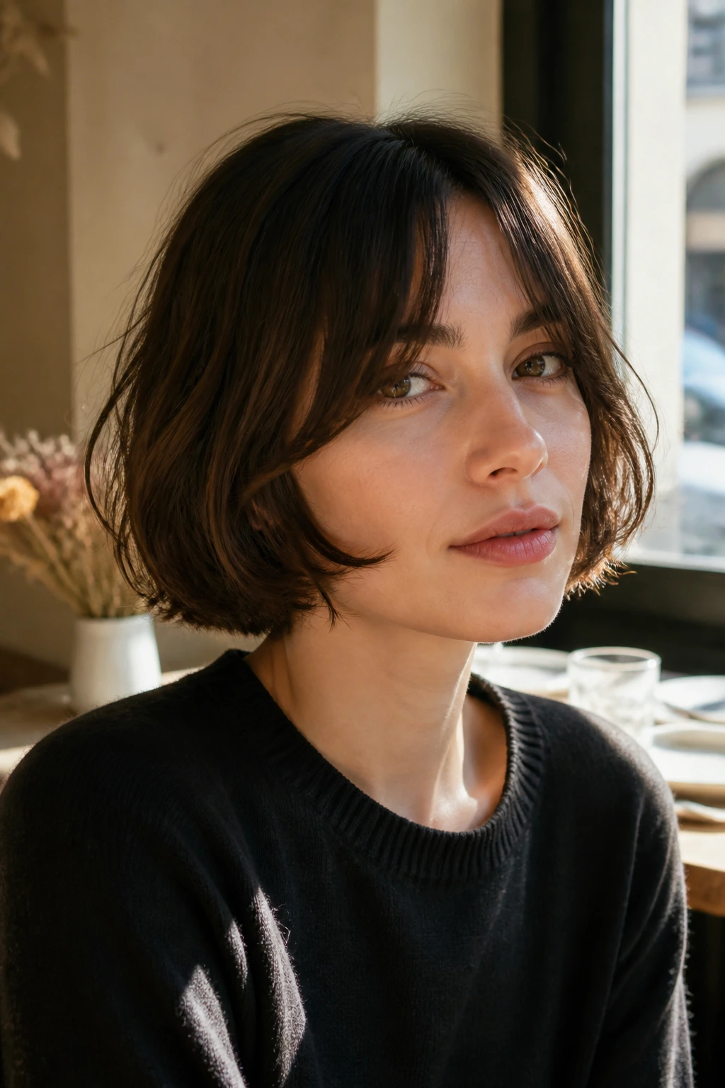 Portrait of a woman with a jaw-length French bob and cheekbone-grazing fringe.