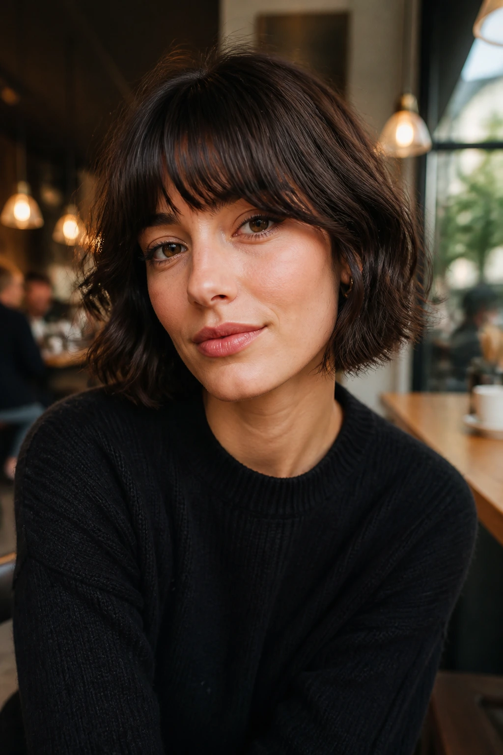 Real woman with French bob and brow-skimming fringe in warm light