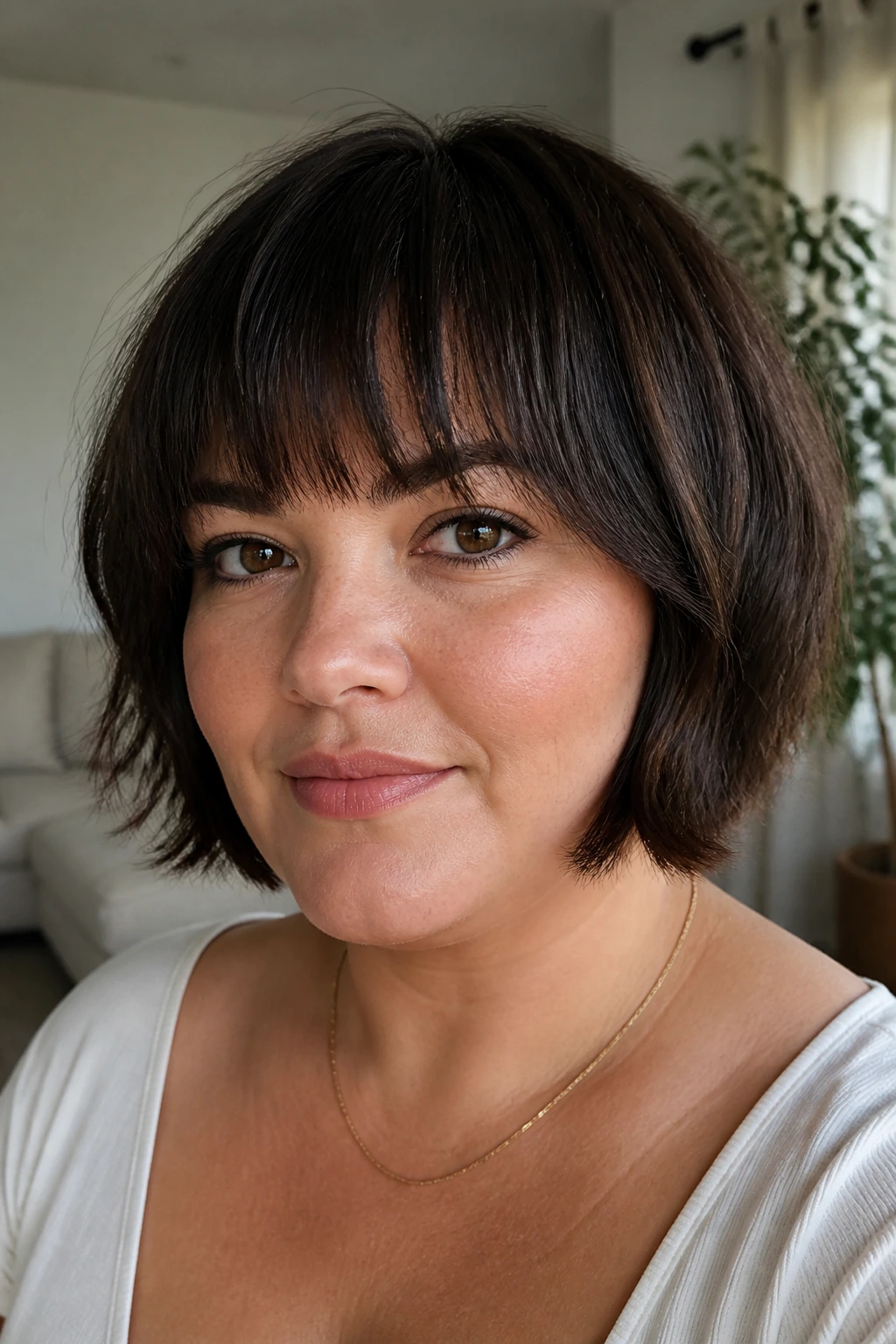 Portrait of a woman with a soft-fringed French bob in a cozy room
