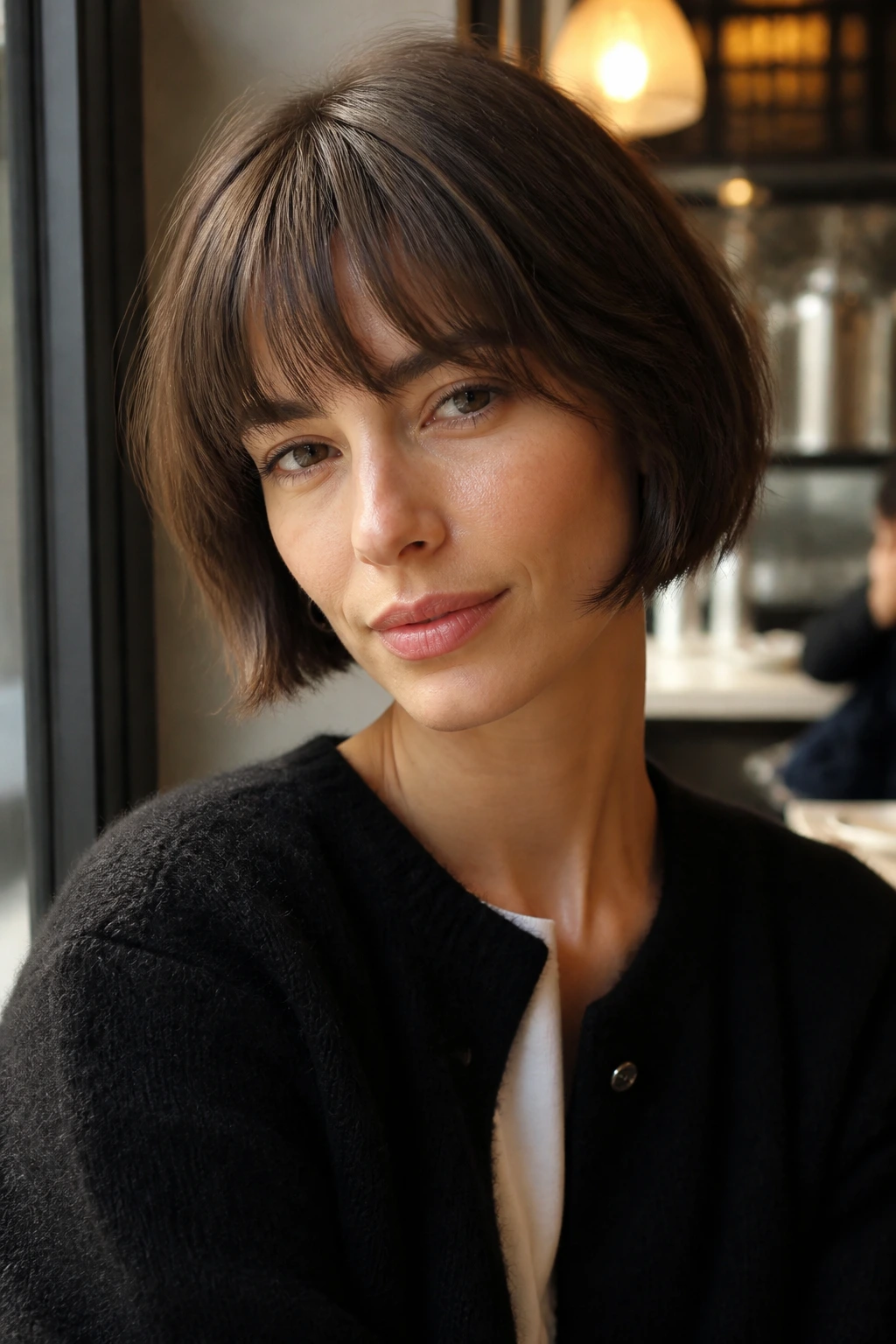 Real woman with French bob and soft fringe in natural light