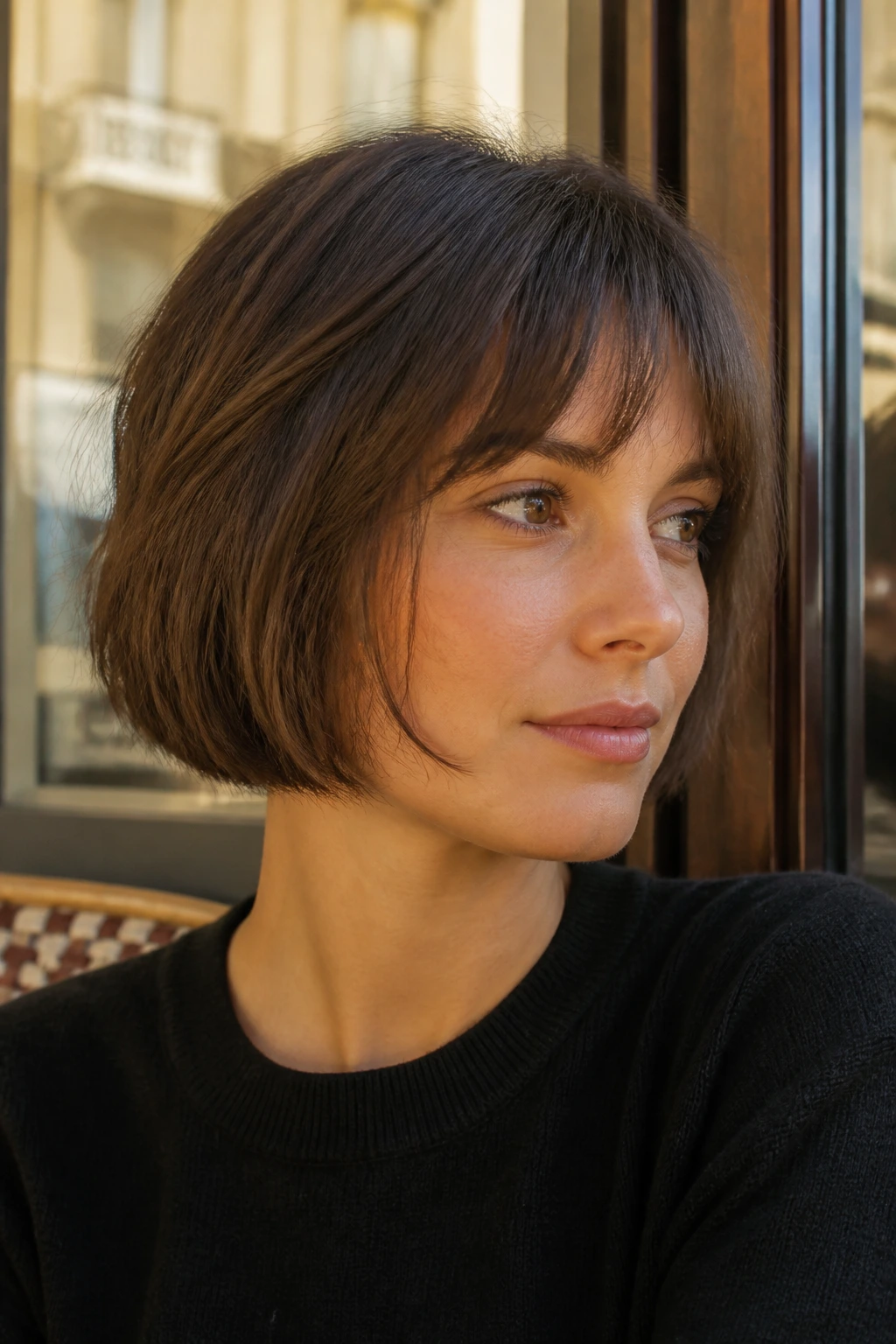 Real woman with French bob and soft fringe under natural light