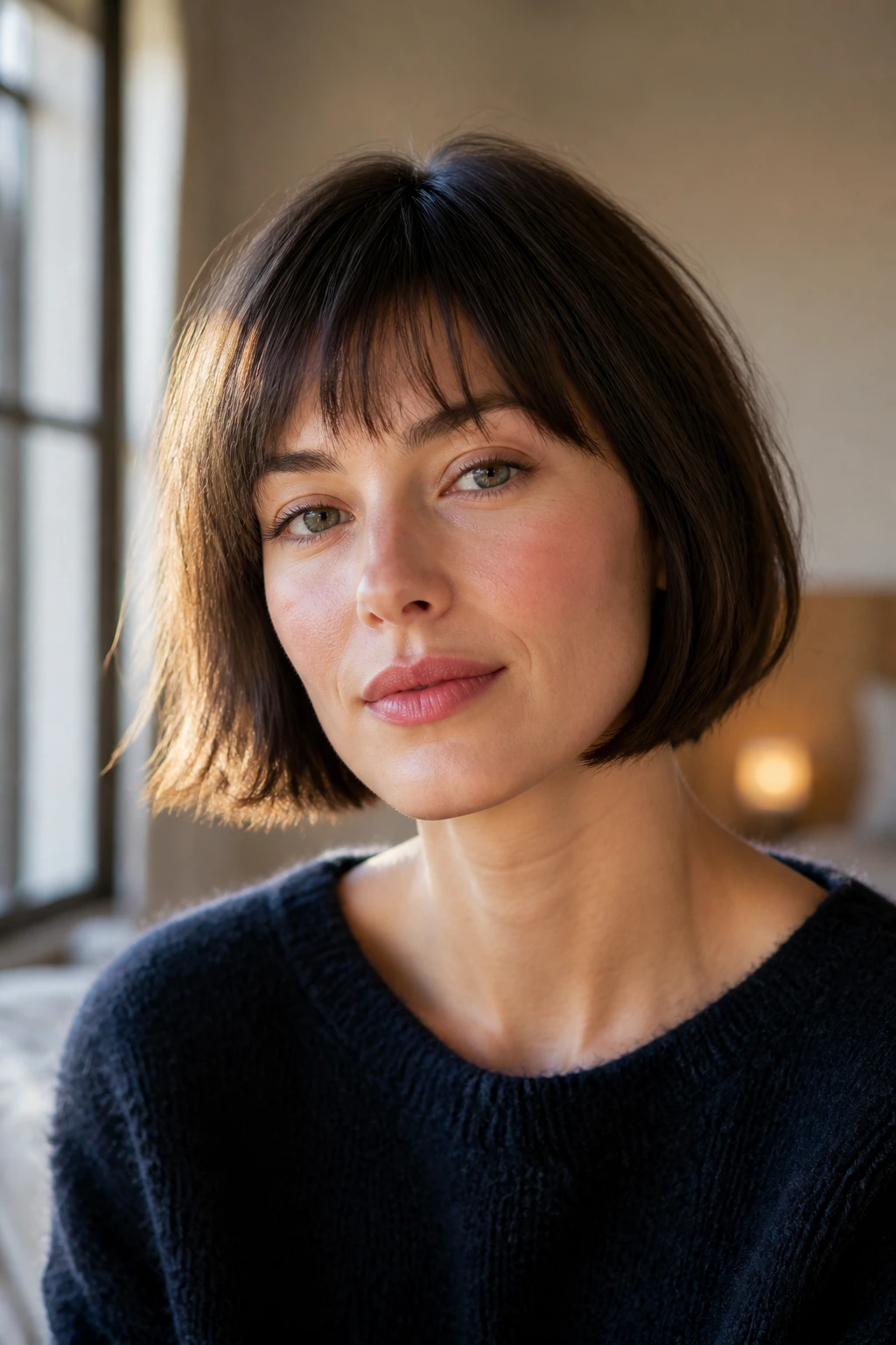 Real woman with French bob and soft fringe, light and airy.