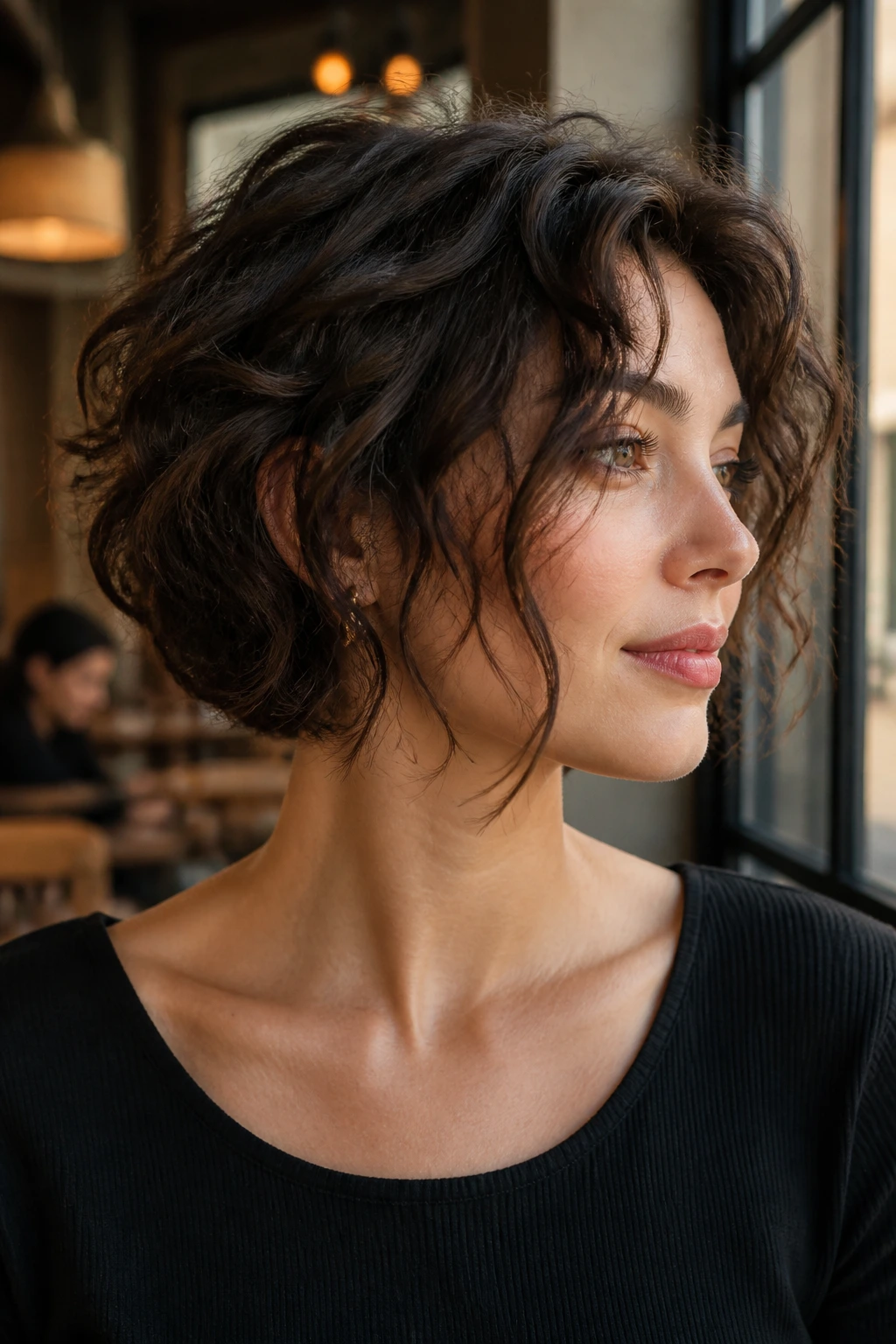Close-up of French Bob With Long Front Pieces on a real woman, jaw-skimming and softly textured