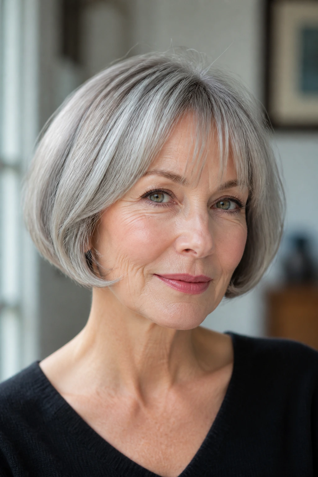 Close-up portrait of a real person with French bob and airy bangs on gray hair