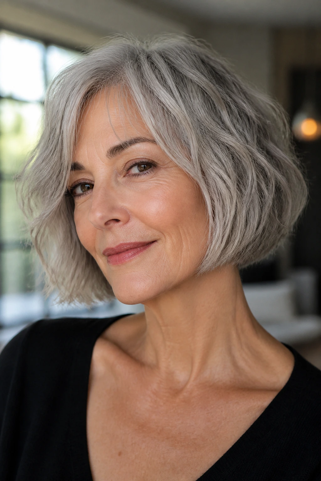 Portrait of a woman with a chin-grazing French bob