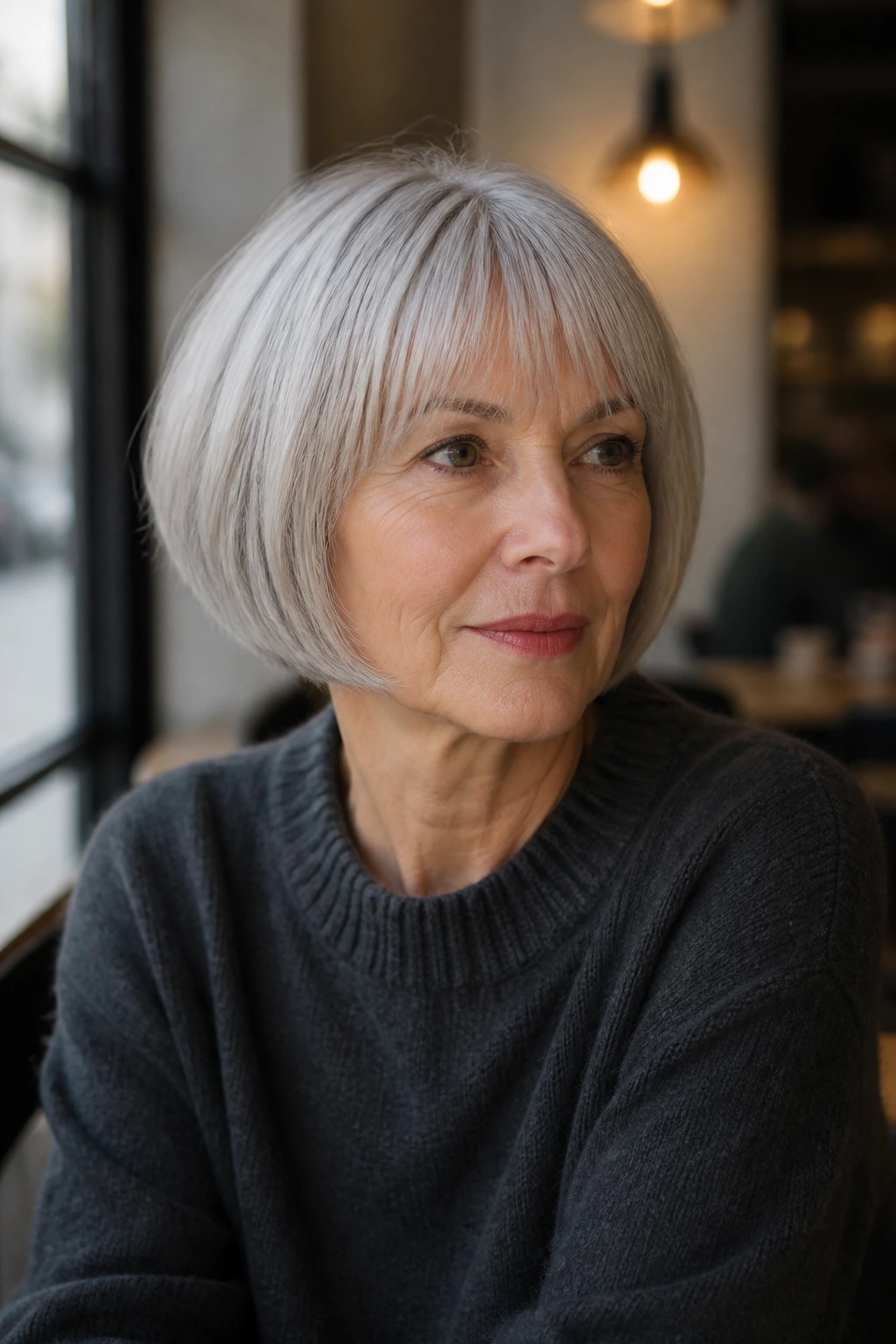 Portrait of a real woman with a chin-length French bob in natural light.