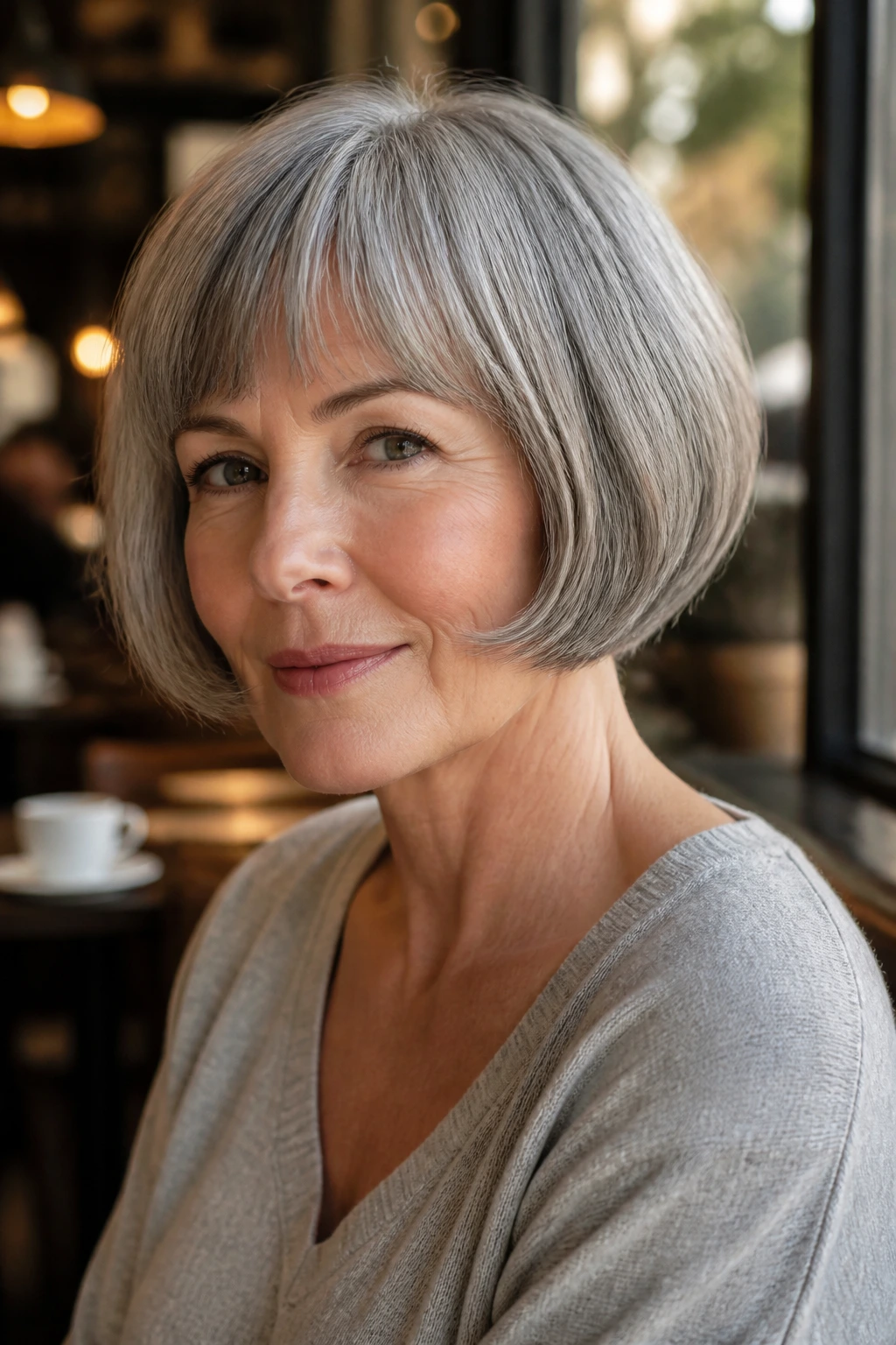 Close-up portrait of a woman with French bob and soft bangs, gray hair