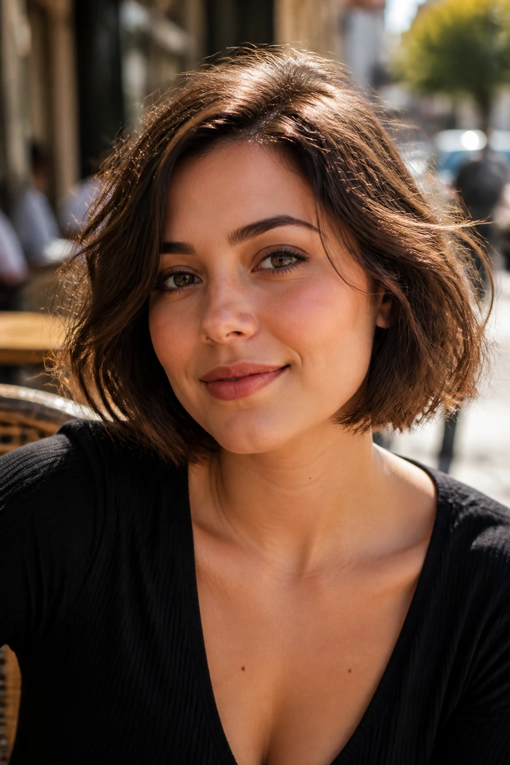 Portrait of a woman with a tousled French bob textured and off-center part.