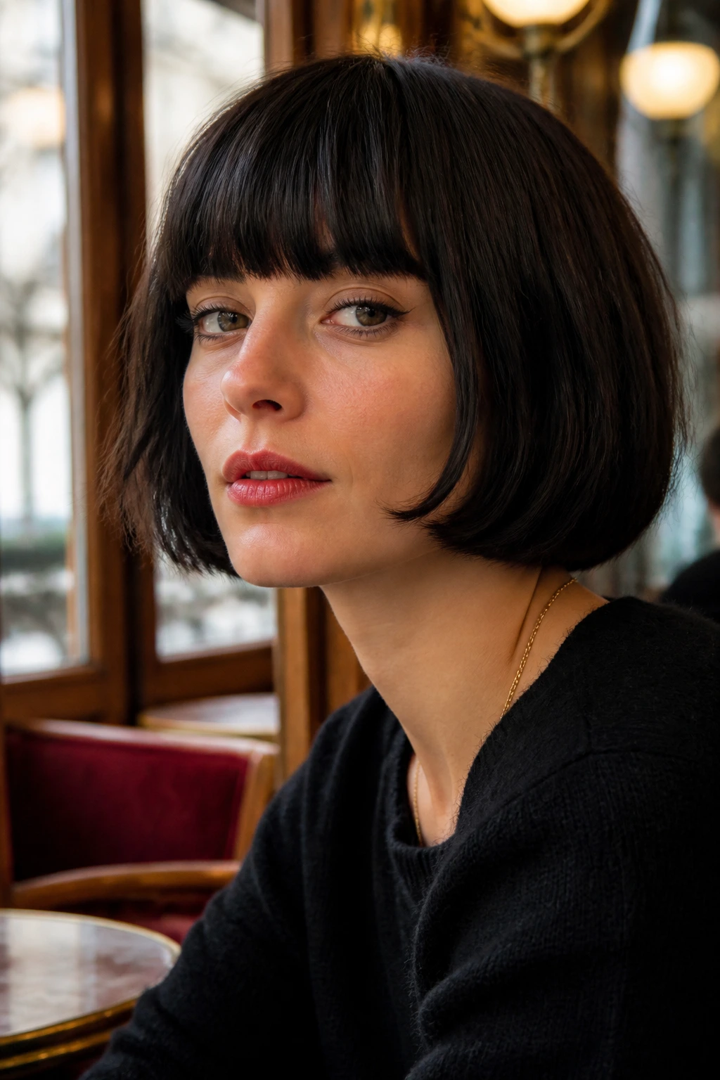 Close-up of a real woman with a French bob and heavy fringe in a Parisian cafe setting