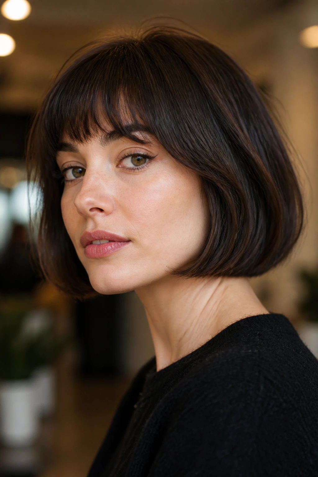 Portrait of a woman with a jaw-length French bob and soft fringe
