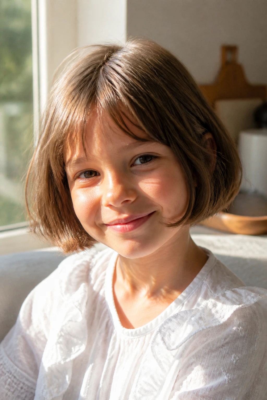 Close-up of a real child with a French bob in a sunny kitchen