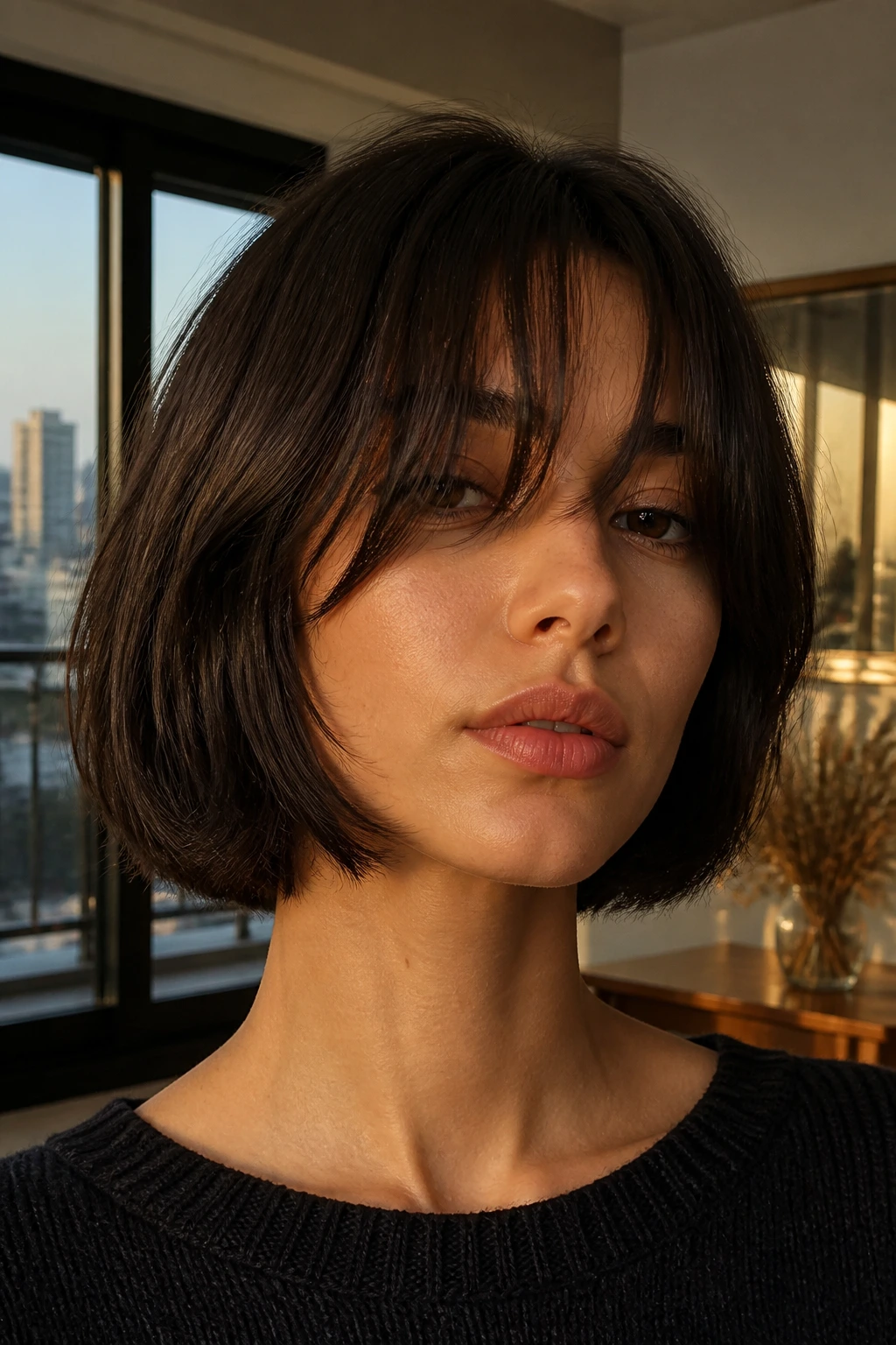 Real person wearing a French bob with long fringe and soft bend