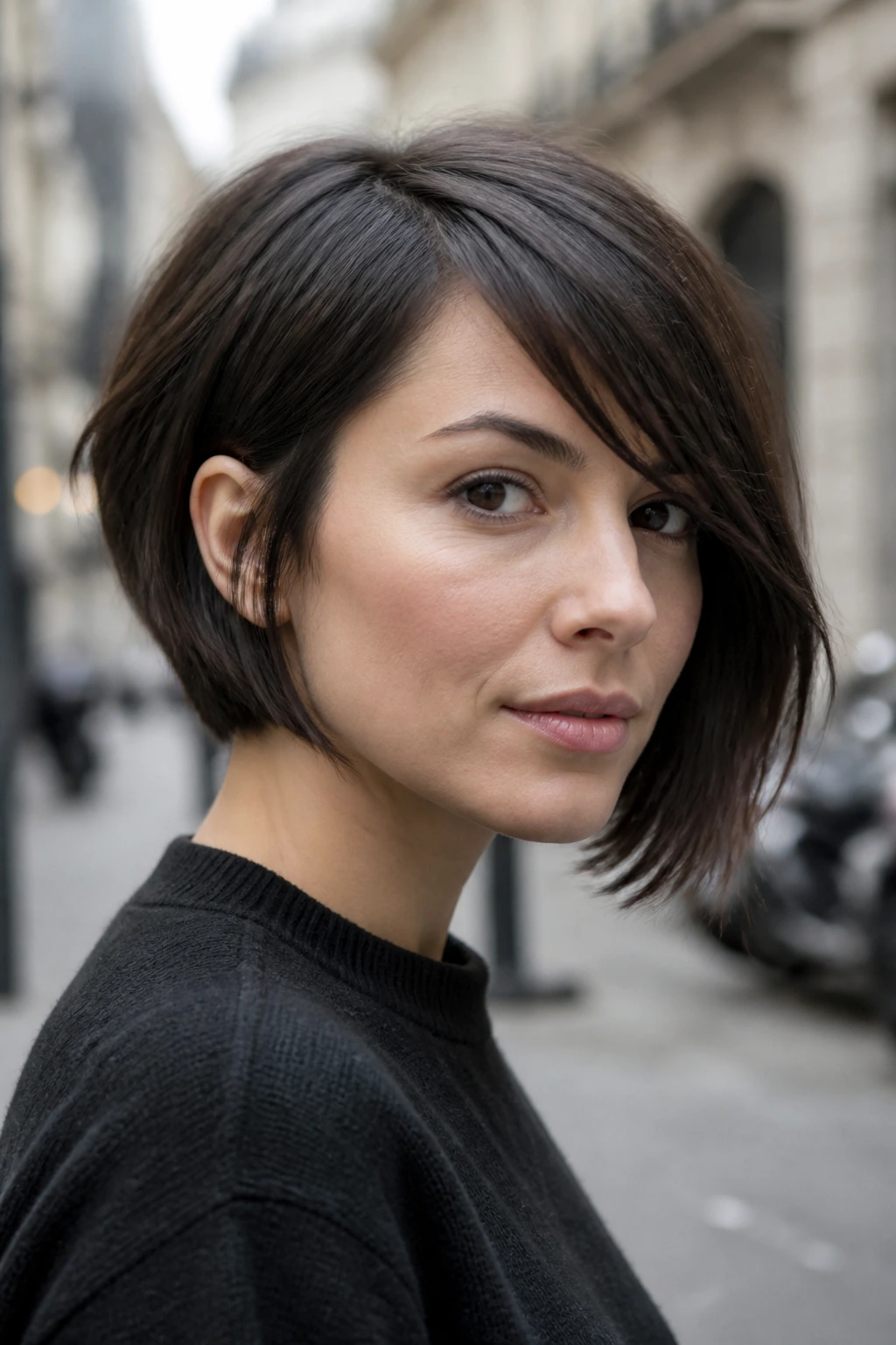 Close-up of a real person wearing a French bob with a longer front corner.