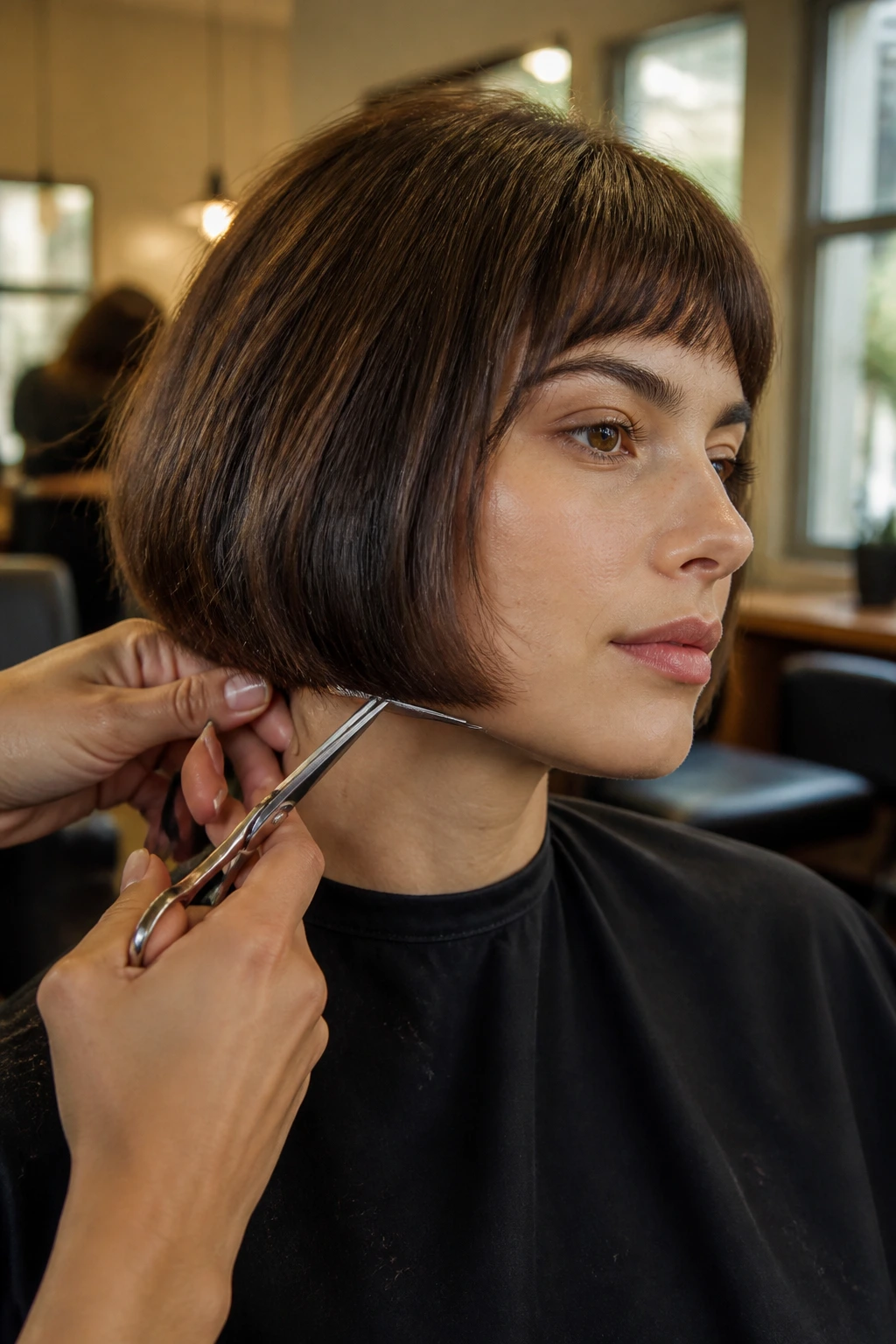 Close-up of a real woman with a French bob being trimmed in a salon