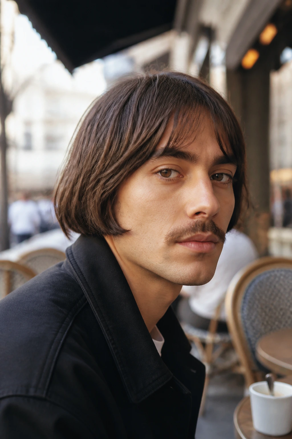 Man with French bob haircut in outdoor cafe portrait