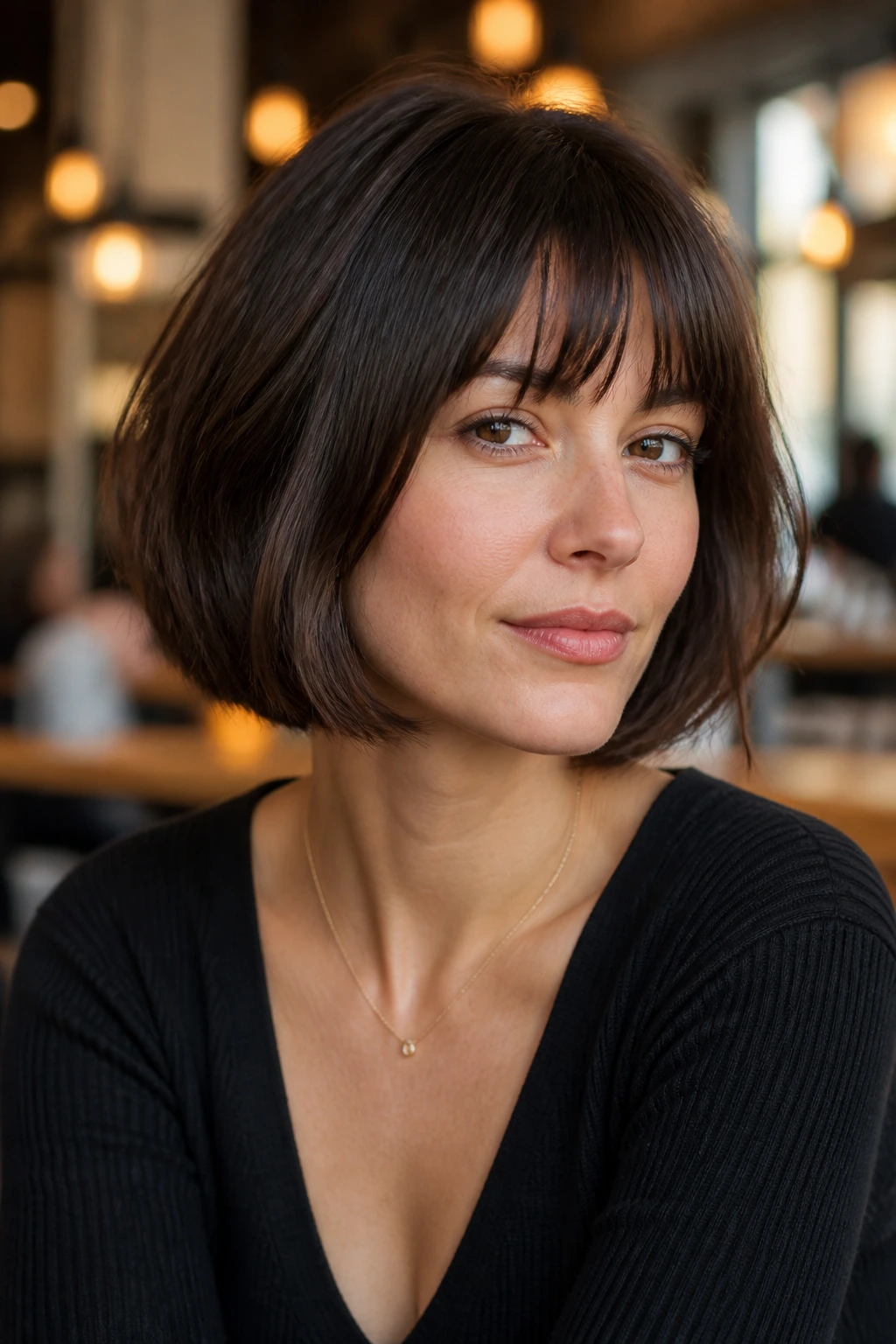 Close-up of a real woman with a French bob on medium-length hair