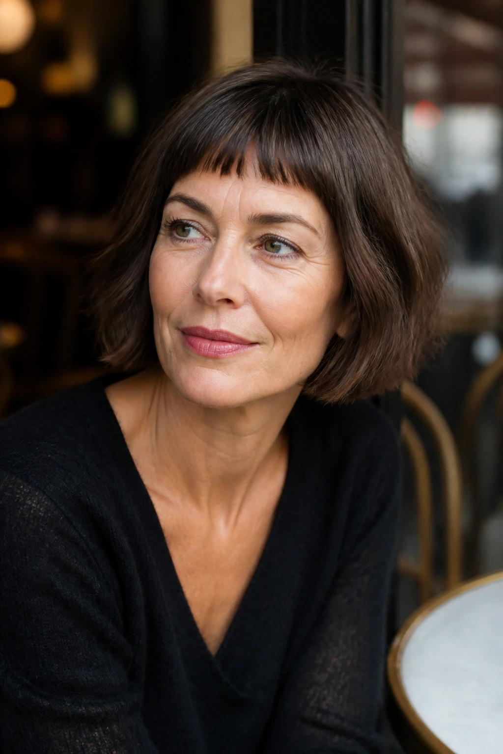 Real woman with French bob and micro bangs in cafe lighting.