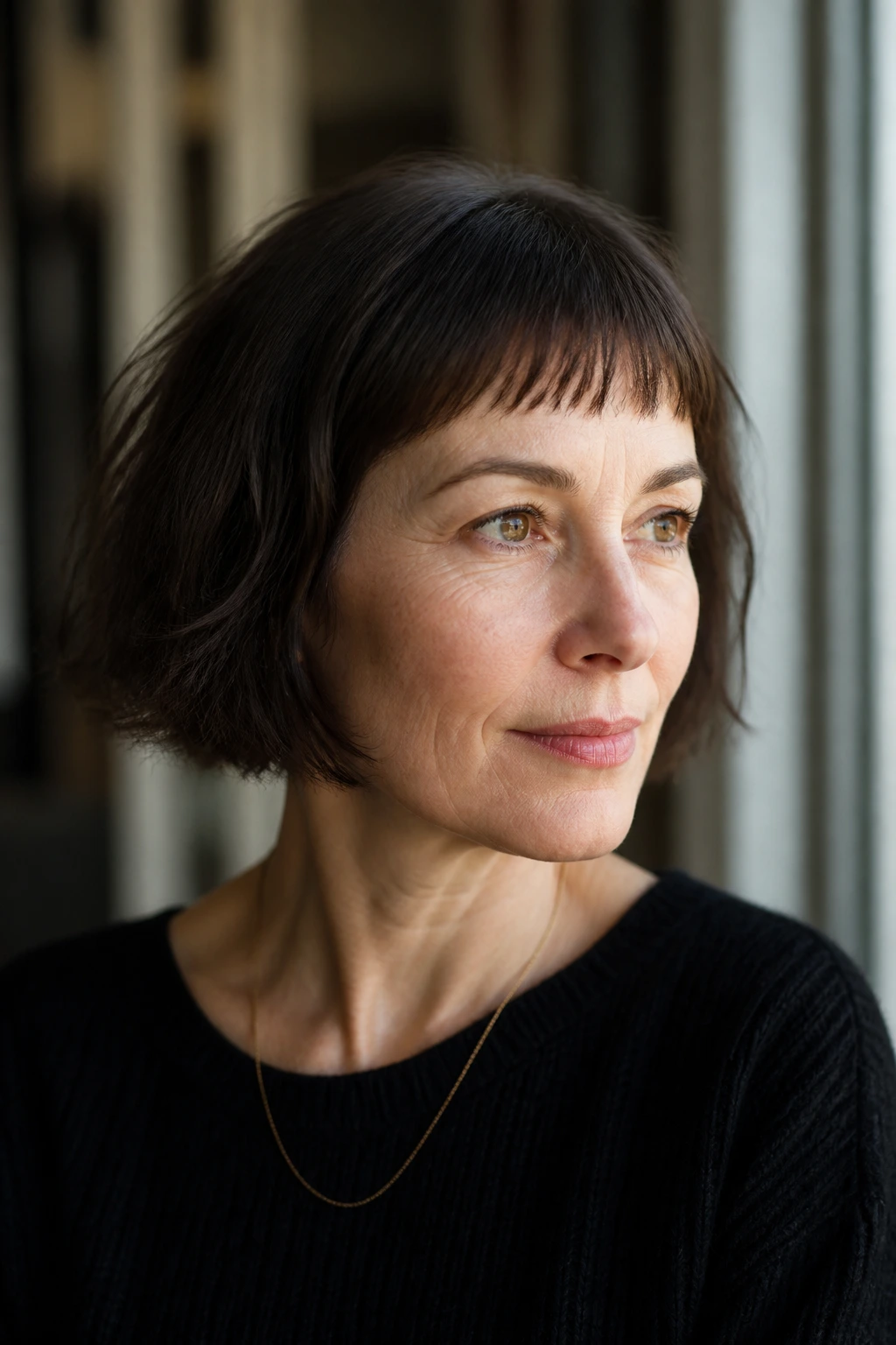 Portrait of a real woman with French bob and micro bangs