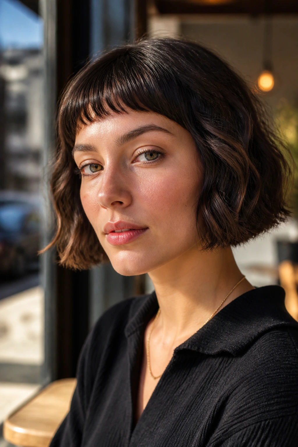 Close-up of French bob with airy micro bangs on a real person