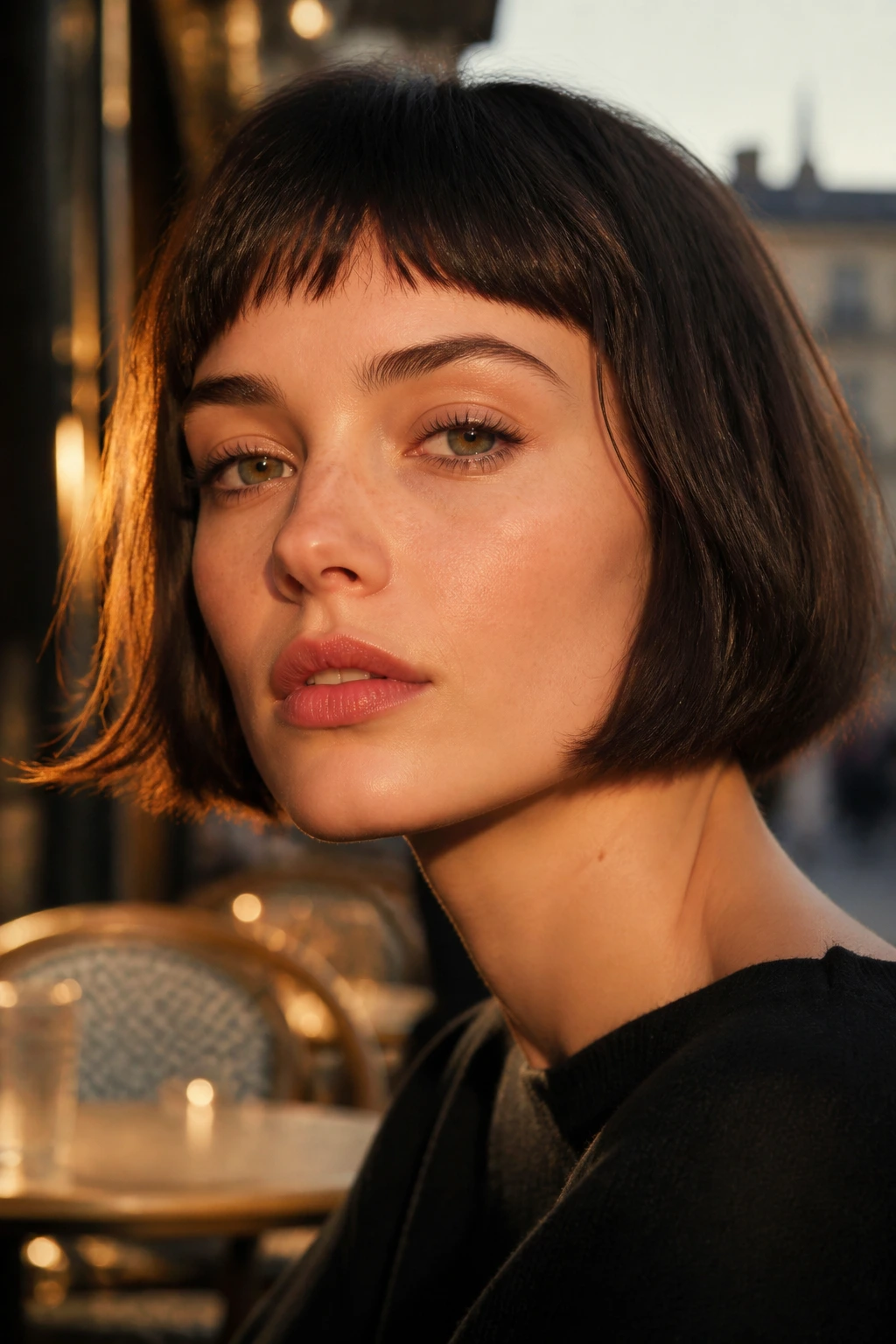 Portrait of woman with French bob and micro fringe in golden hour light.