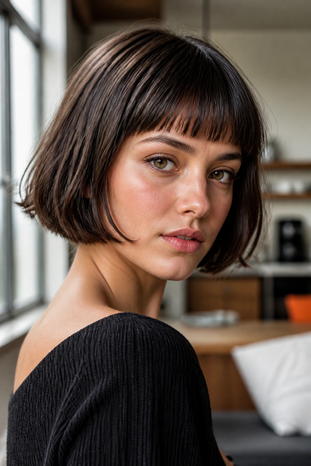 Real woman wearing a French bob with micro fringe