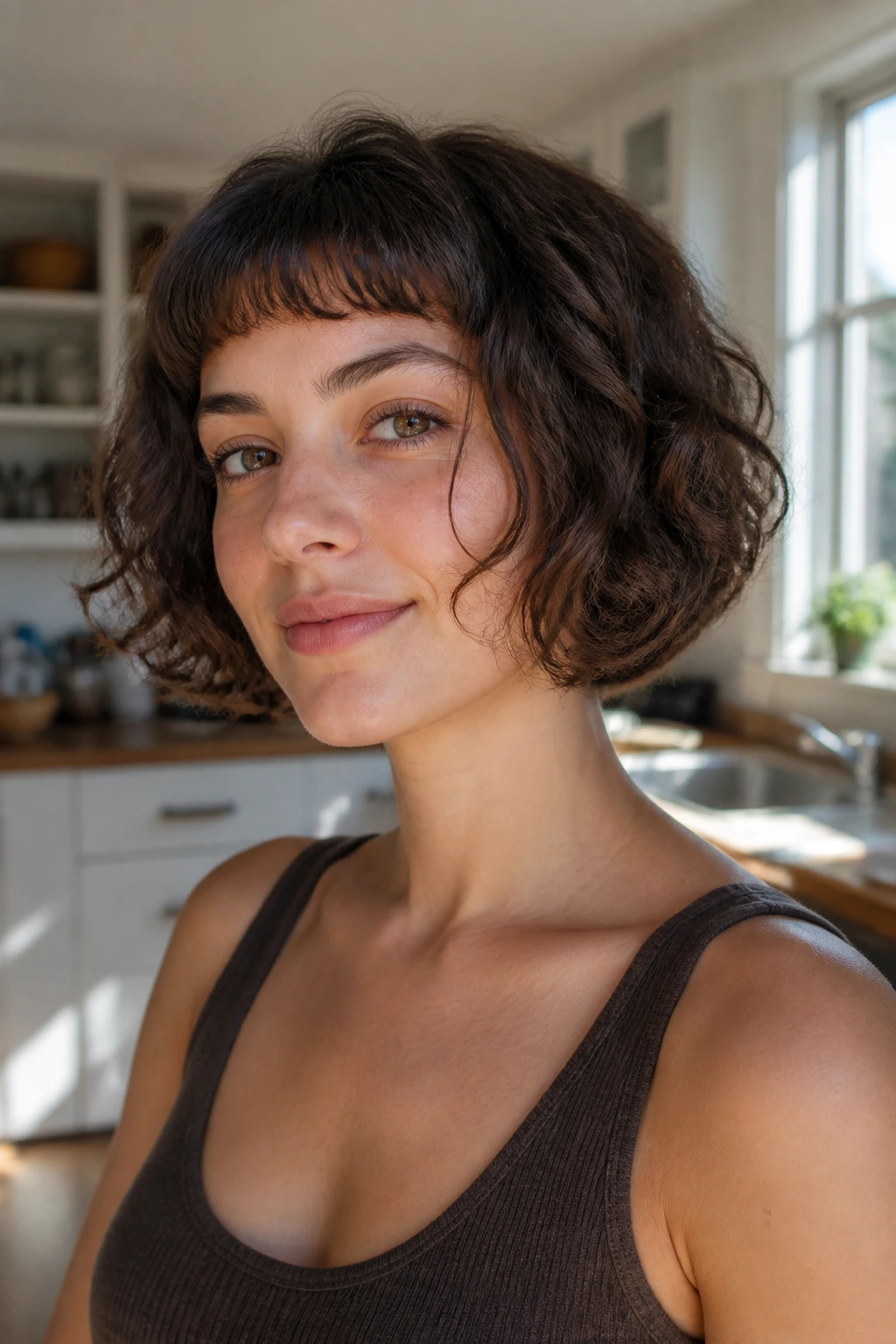Real woman with French bob and soft micro fringe on a chin-length cut
