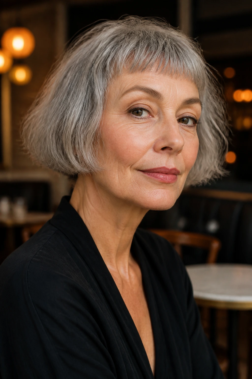Portrait of a woman with a French bob and micro fringe