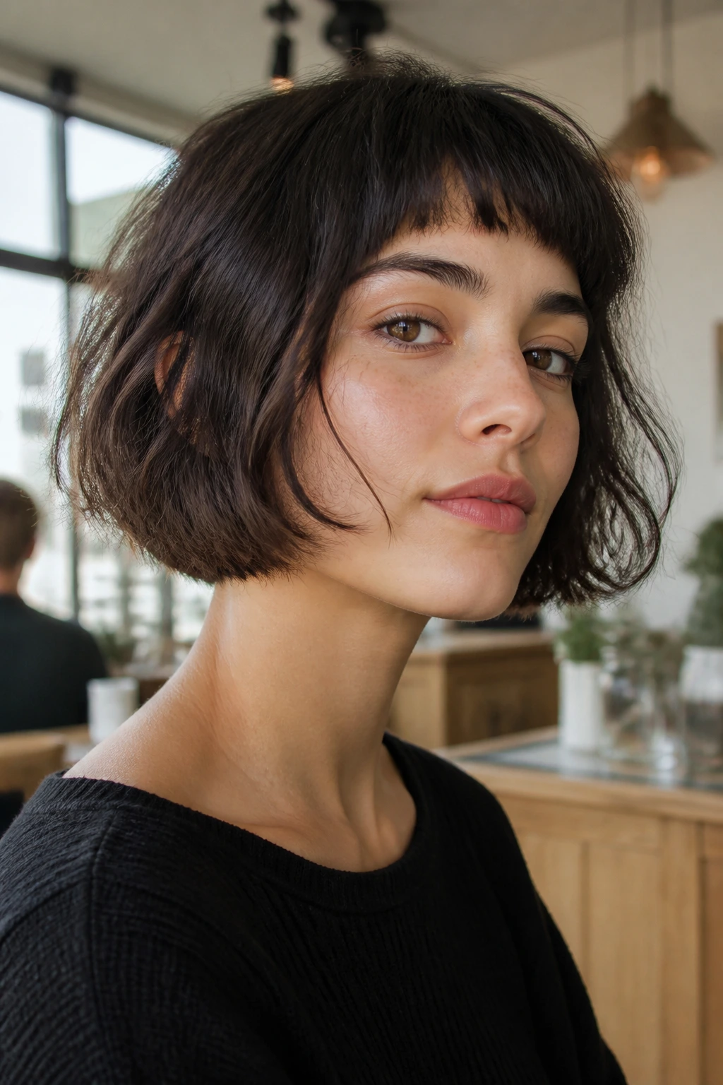 Real person with a French bob and micro fringe in cafe light