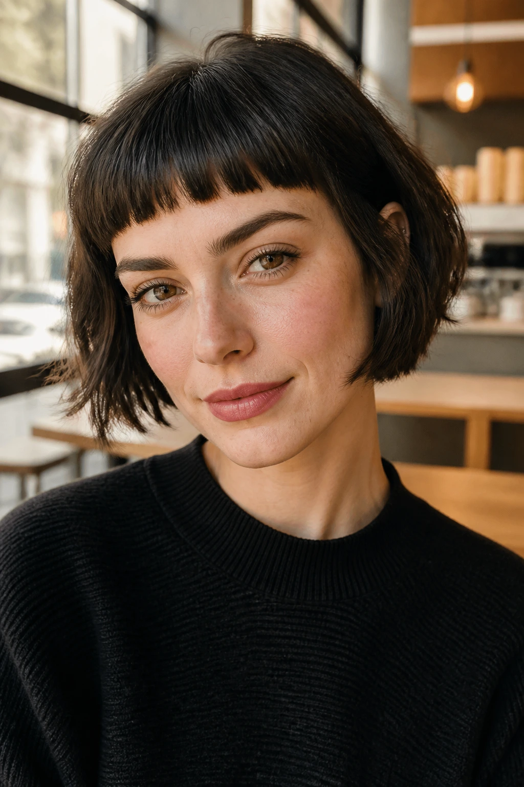 Real person with French bob and micro fringe highlighting eyes