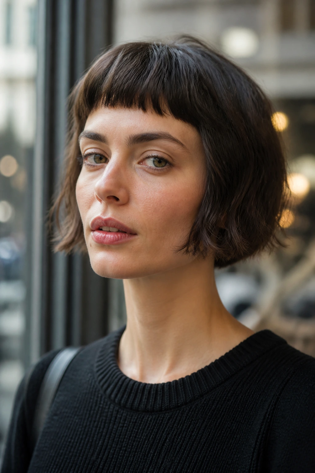 Portrait of a person with a French bob featuring a micro fringe