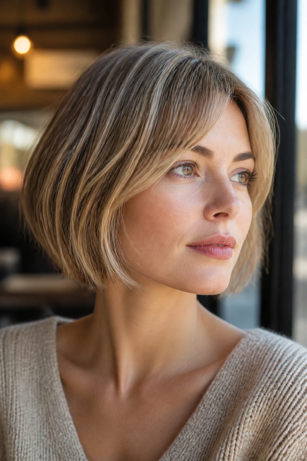 Portrait of a real woman with micro-lighted French bob and face-framing highlights