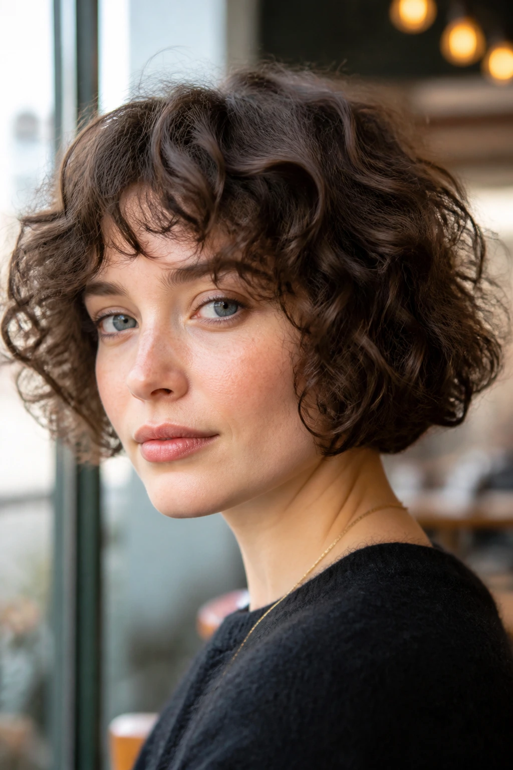 Close-up of a real woman with a French bob and micro-layers in natural daylight