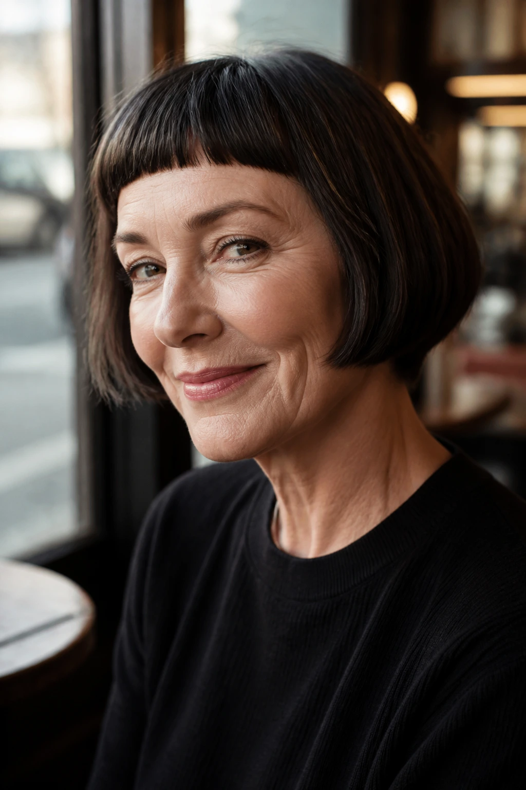 Close-up of a woman with a French bob and micro fringe in daylight by a cafe window