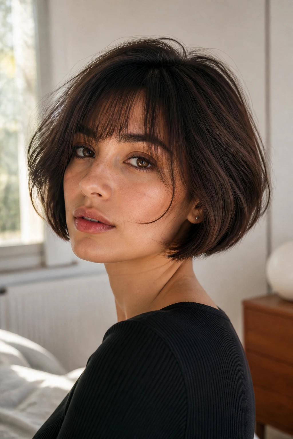 Close-up of a real woman with a French bob showing interior movement in a sunlit room.