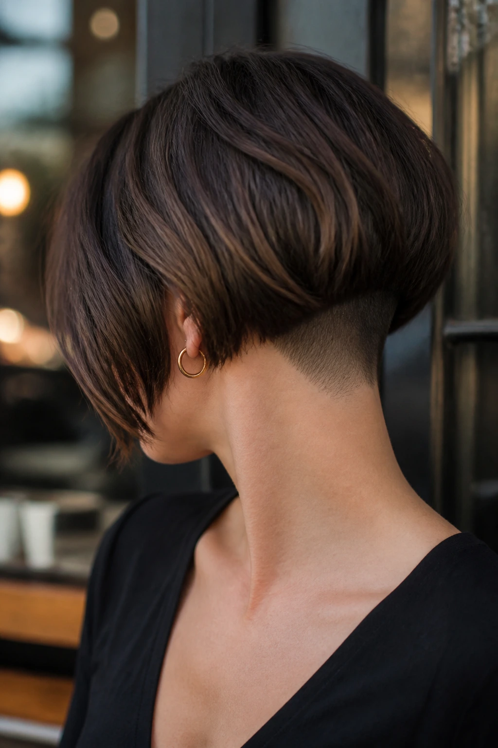 Portrait of a woman with French bob and peekaboo nape undercut