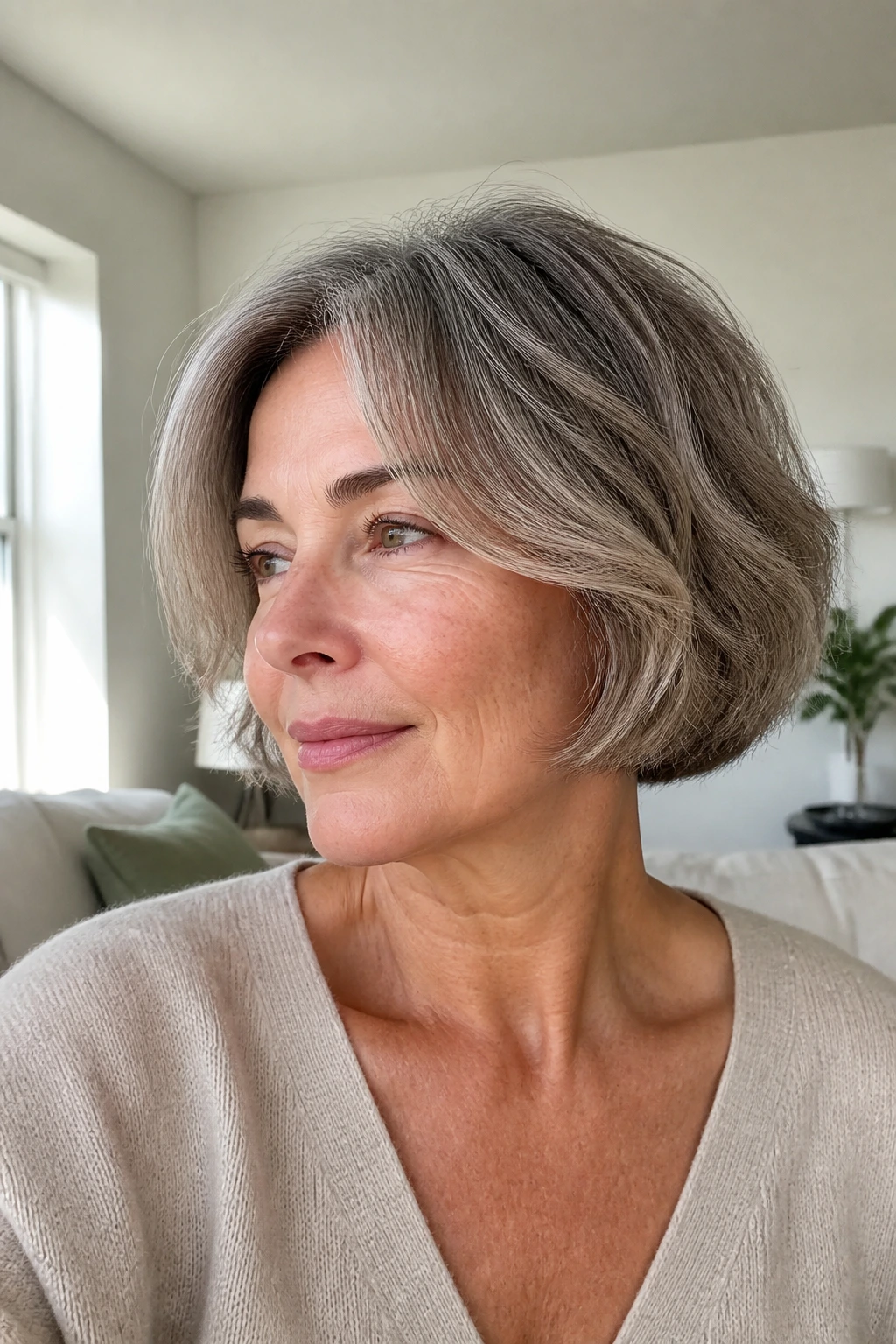 Three-quarter portrait of a woman with a French bob perm and soft bend at the ends
