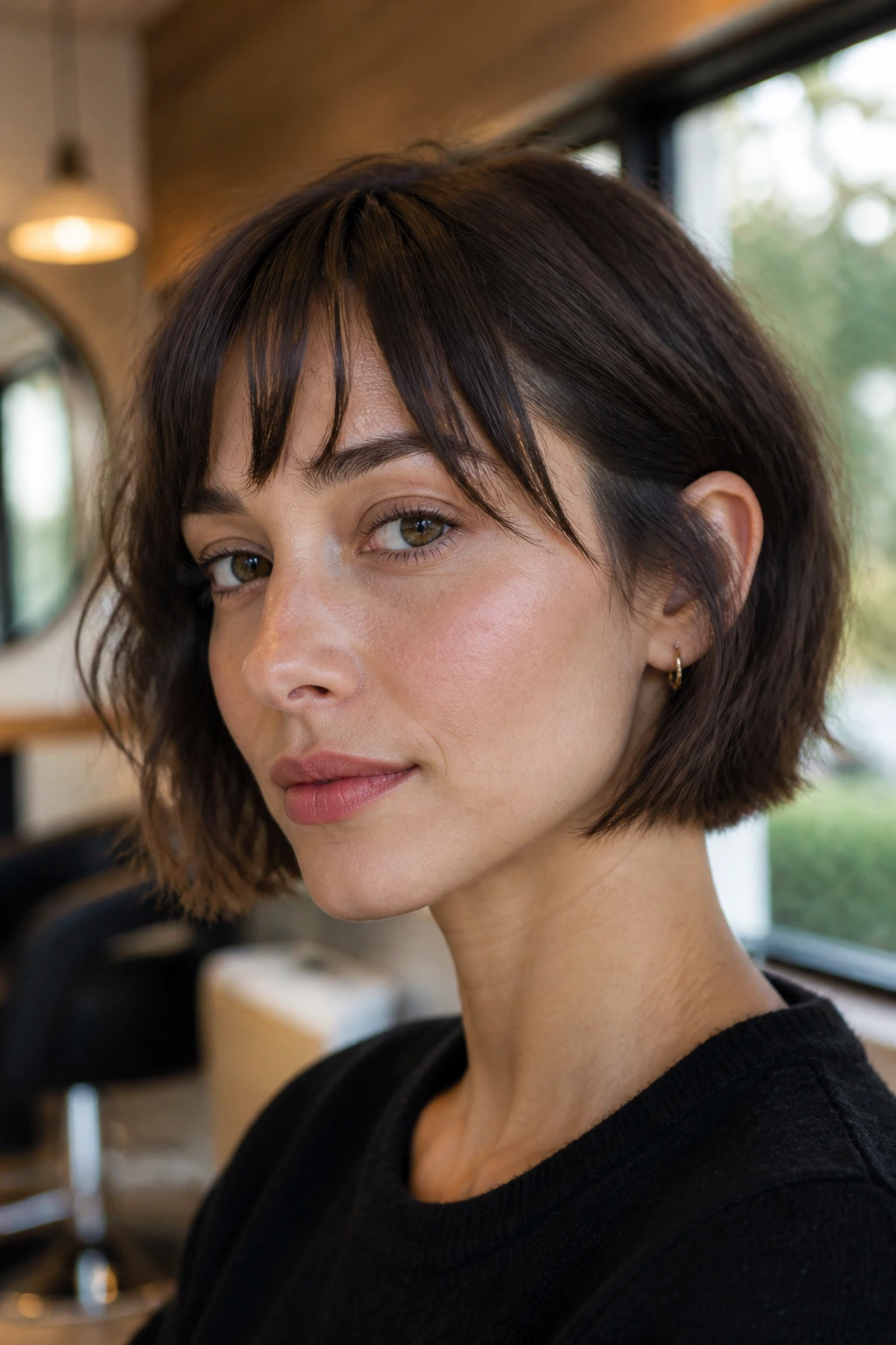Close-up portrait of a real woman with a jaw-length French bob and piecey bangs in natural light