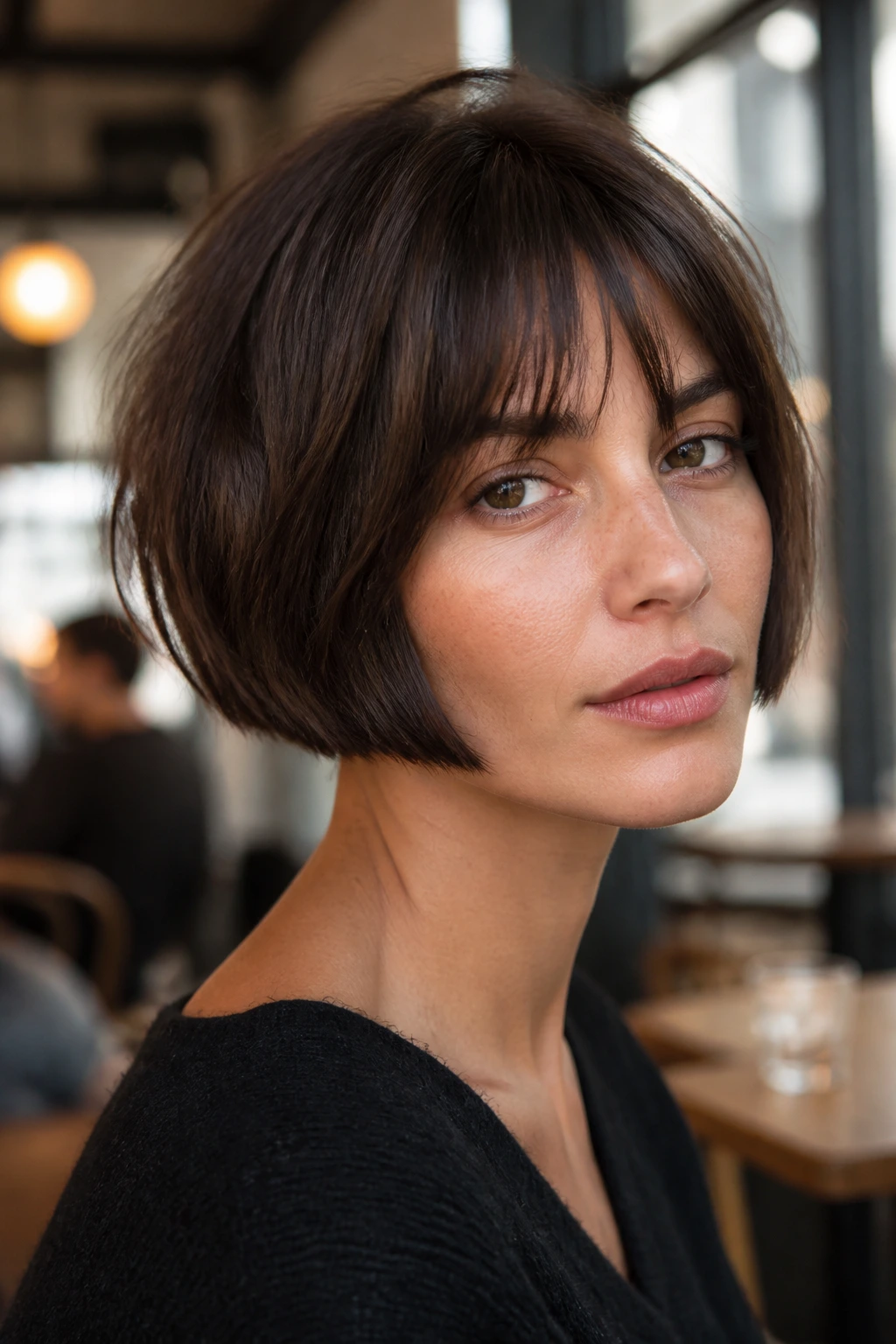 Close-up of a real person with a French bob and piecey fringe