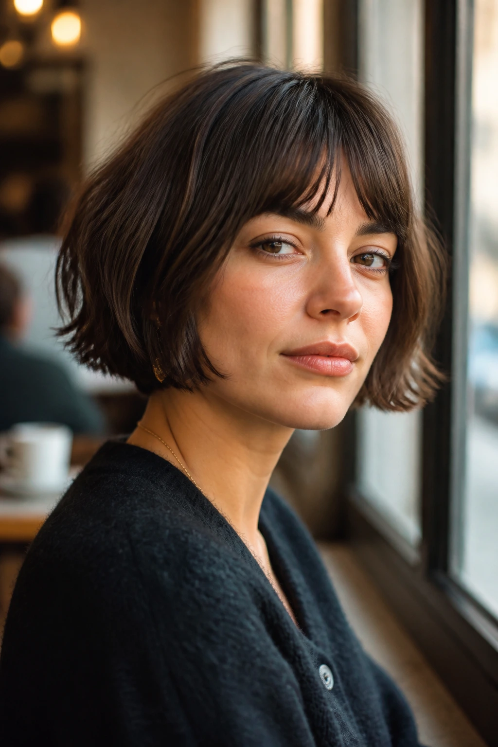 Real woman wearing a French bob with a piecey fringe in soft daylight.