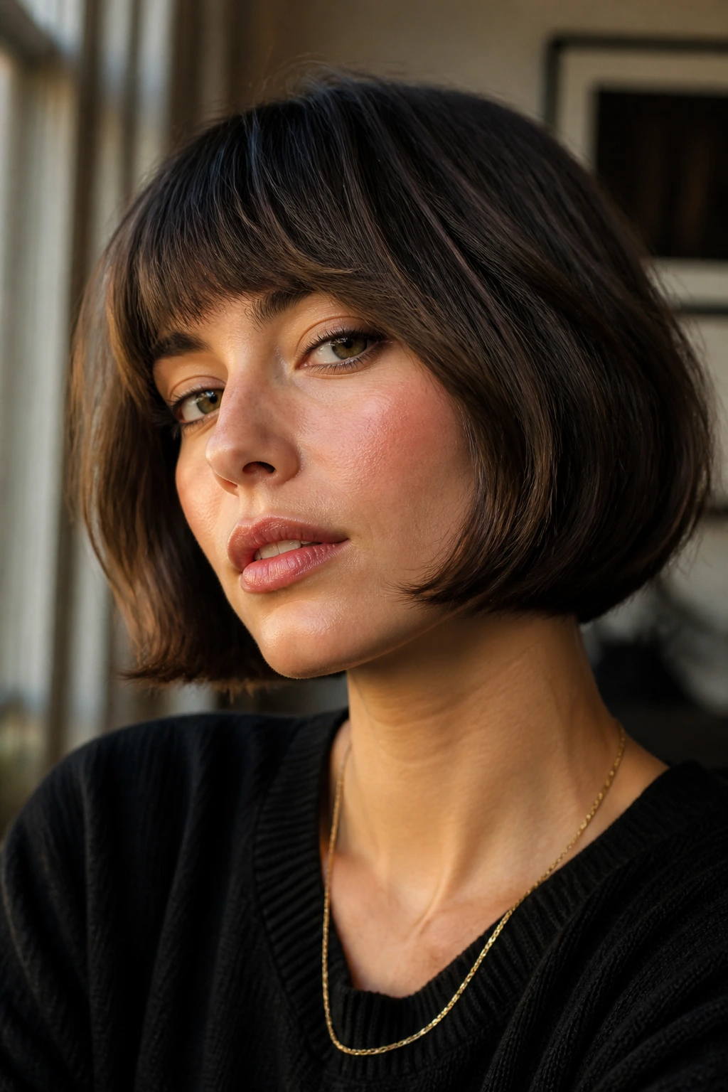 Portrait of woman with French bob haircut with soft bend