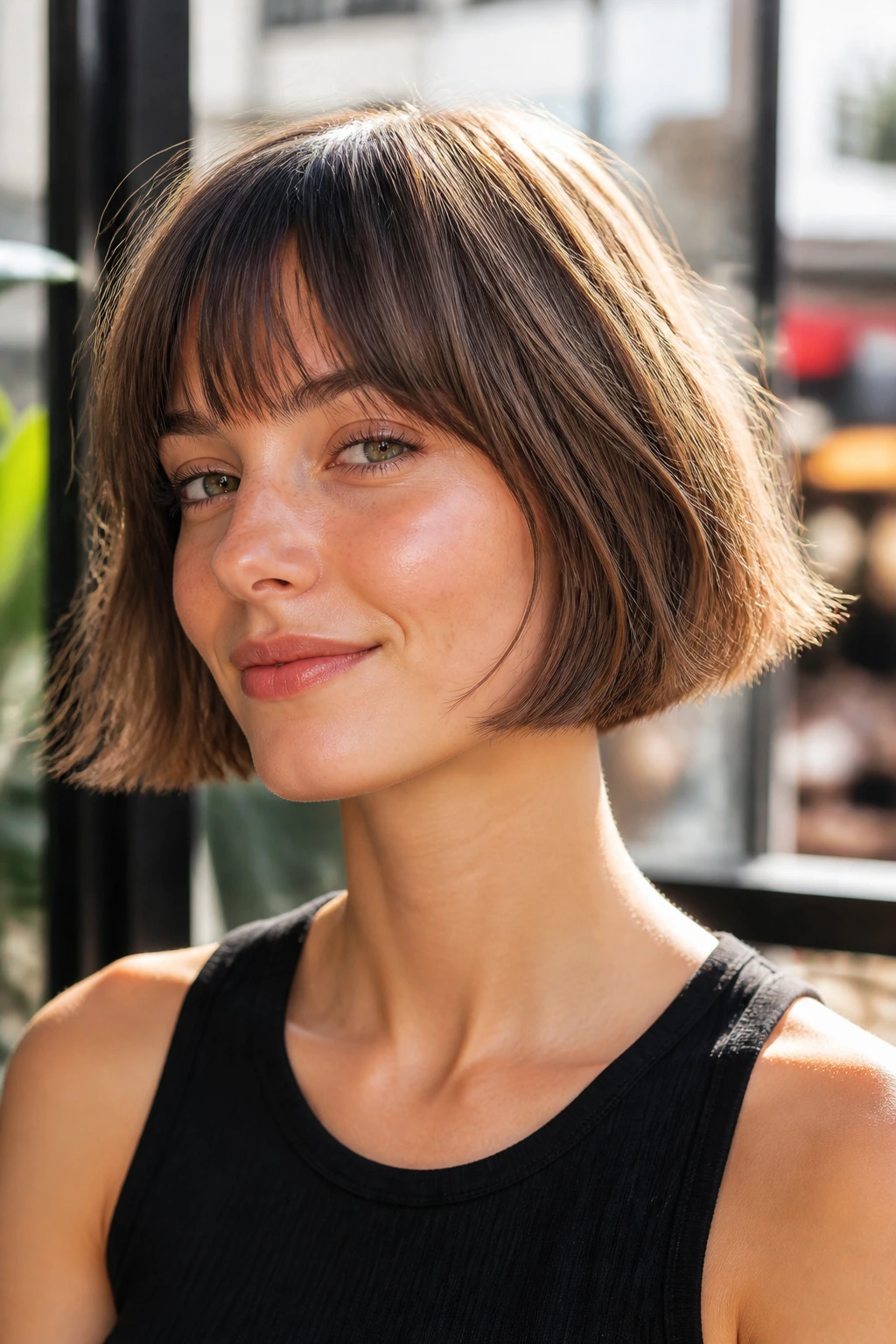 Close-up of a real person with a French bob and airy ends in soft light.