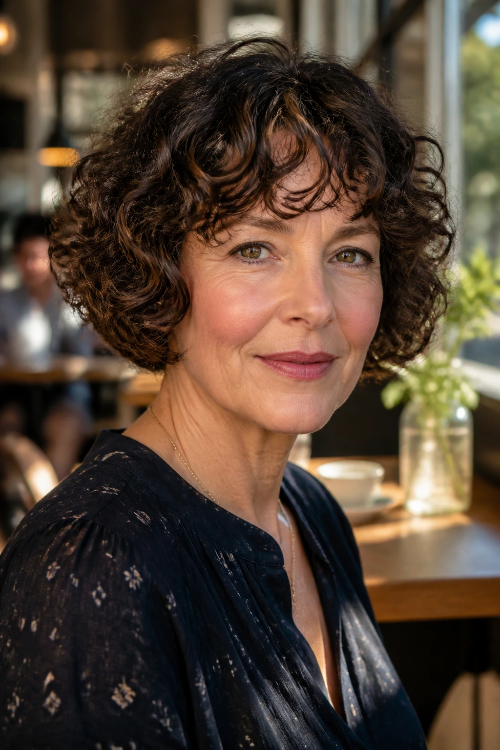Close-up portrait of a real woman with a French bob and soft ringlet fringes in warm ambient light.