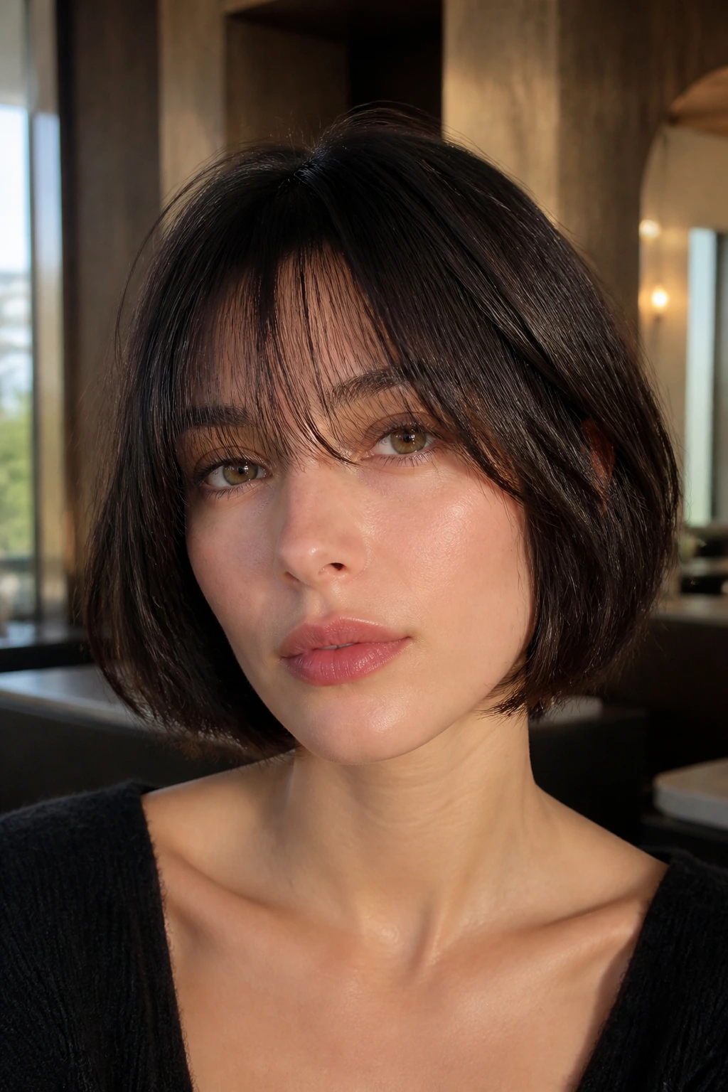 Close-up of a person with a jaw-skimming French bob and see-through fringe in warm salon light