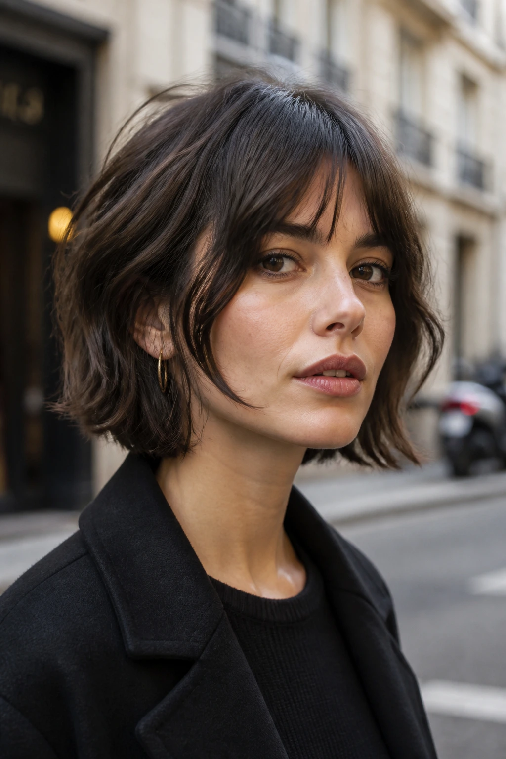 Portrait of a woman with French bob shag and cheekbone bangs