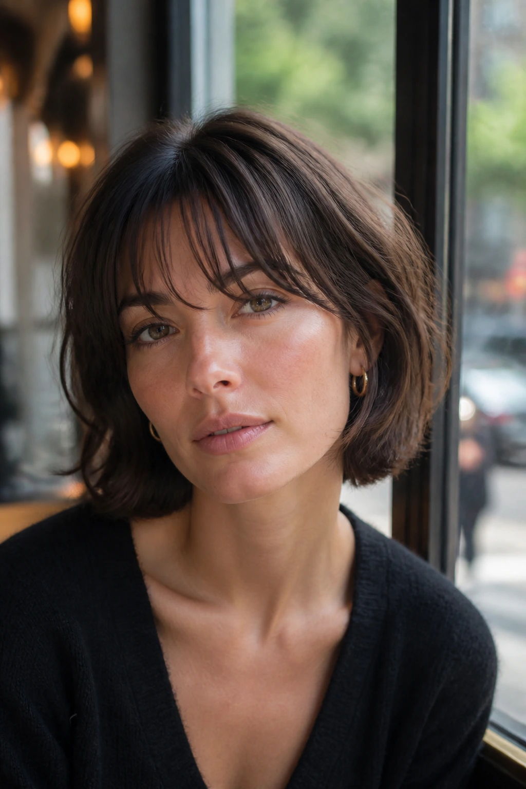 Close-up portrait of a real woman with a French bob shag and airy bangs in natural light