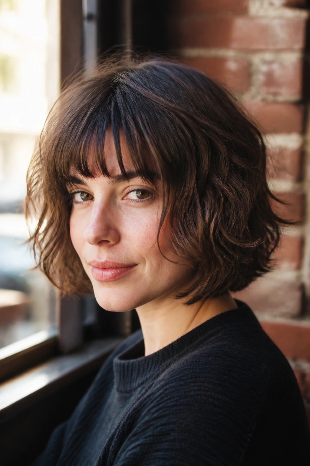 Real woman with French bob shag and brow-grazing bangs in sunlit cafe setting